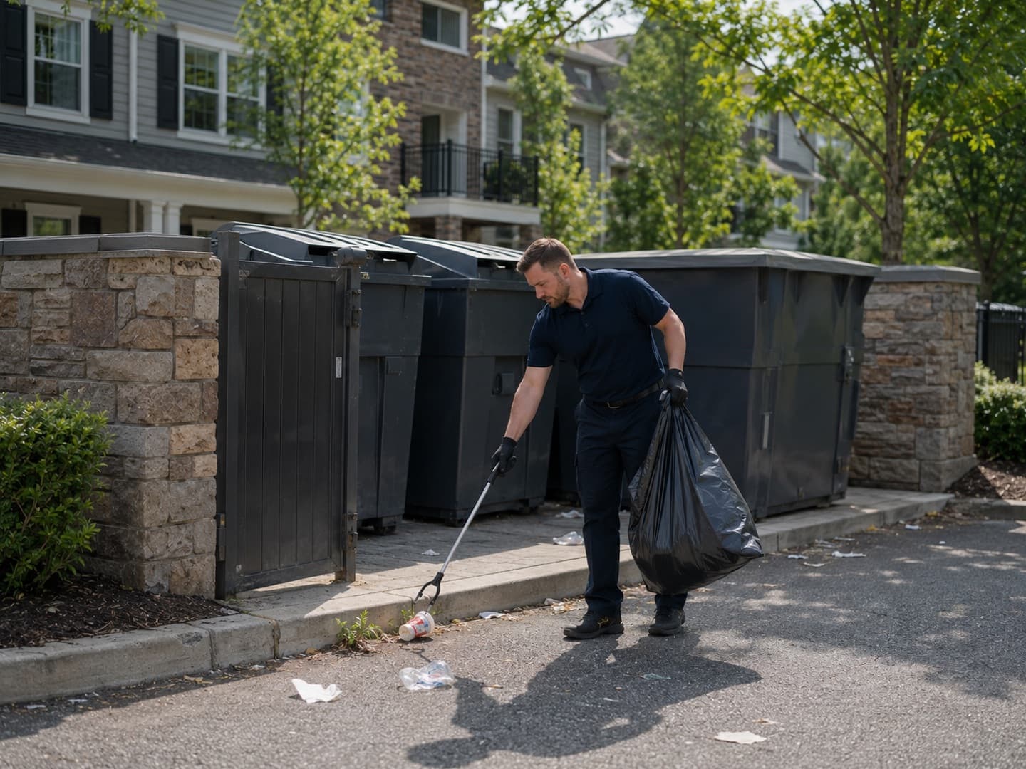 A Crecy team member clearing loose litter around an apartment dumpster enclosure.