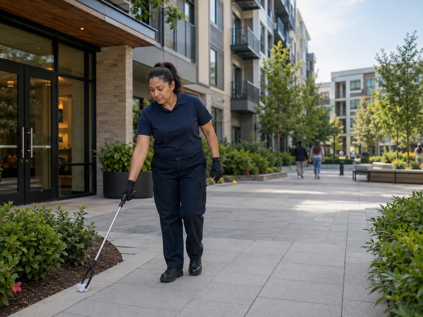 A Crecy team member tidying litter at the landscaped entrance of a modern apartment community.