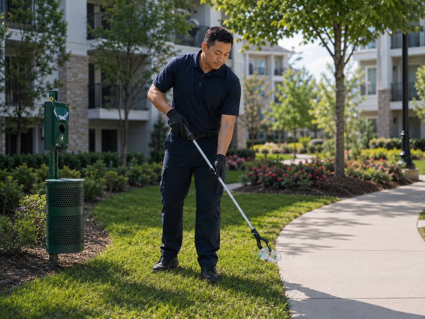 Litter cleared from an apartment community green space beside a walkway.