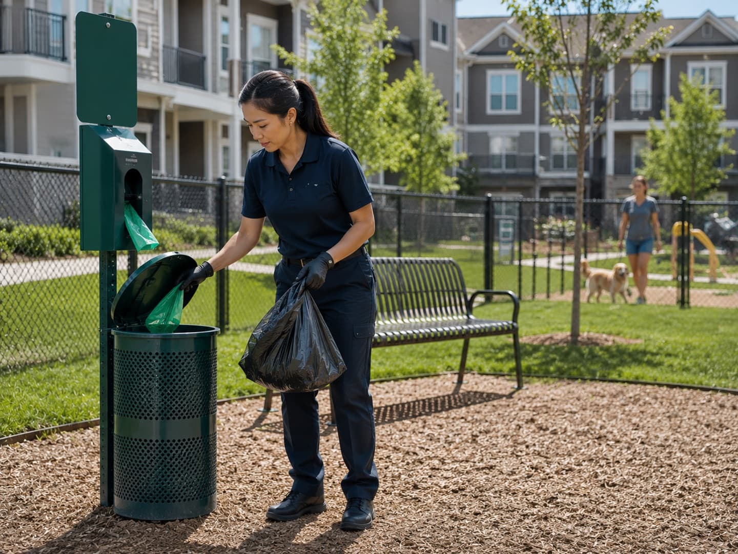 A Crecy team member servicing a pet-waste station at an apartment community dog park.