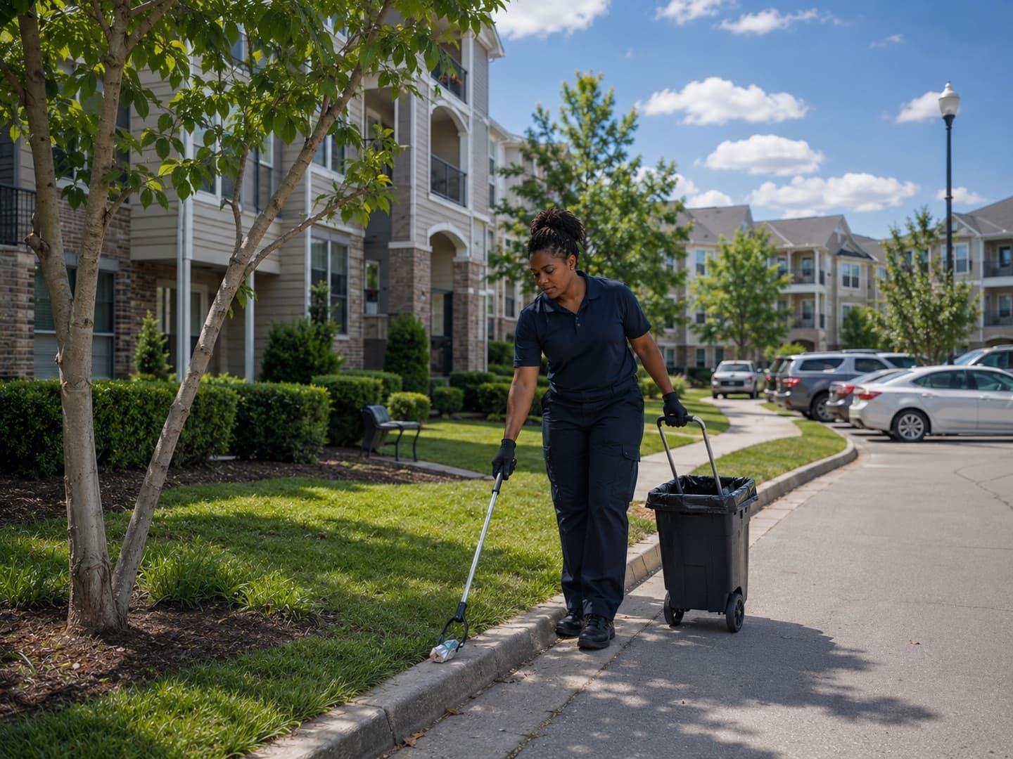 A Crecy team member on litter patrol along an apartment community walkway, with parking and buildings behind.
