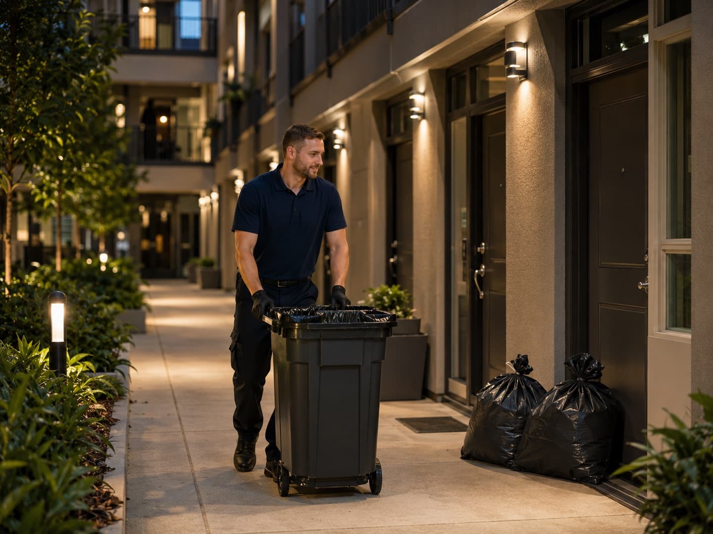 A Crecy team member running the evening valet trash route with a wheeled bin along an apartment breezeway.