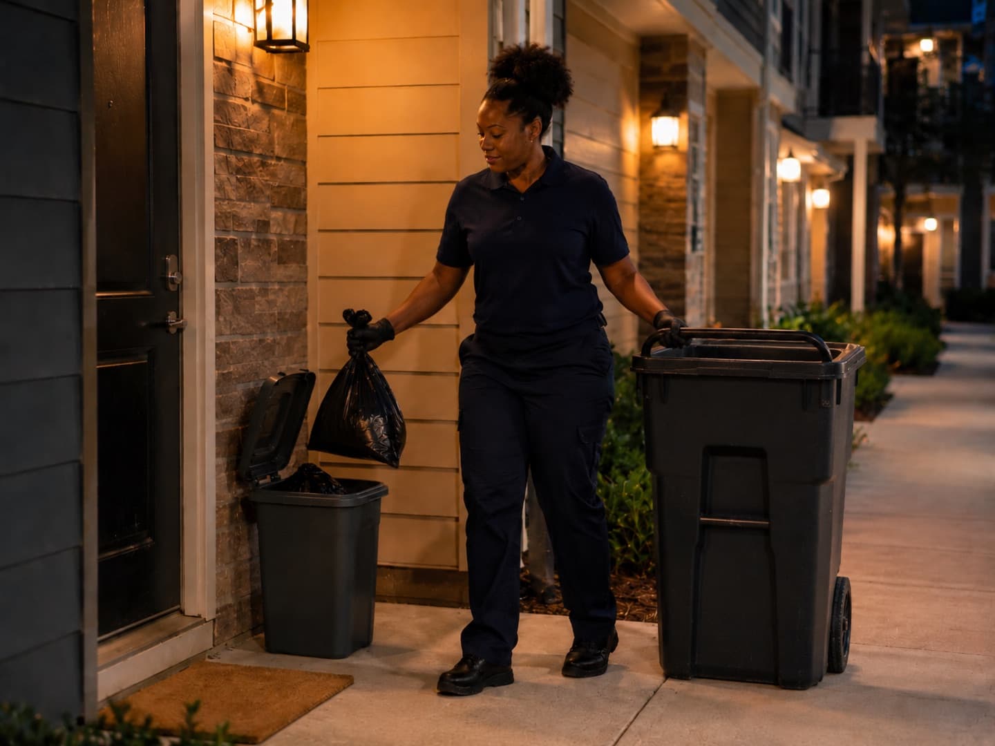 A Crecy team member in a plain navy uniform lifting a tied bag from a resident's lidded bin at an apartment doorstep, collection cart alongside.
