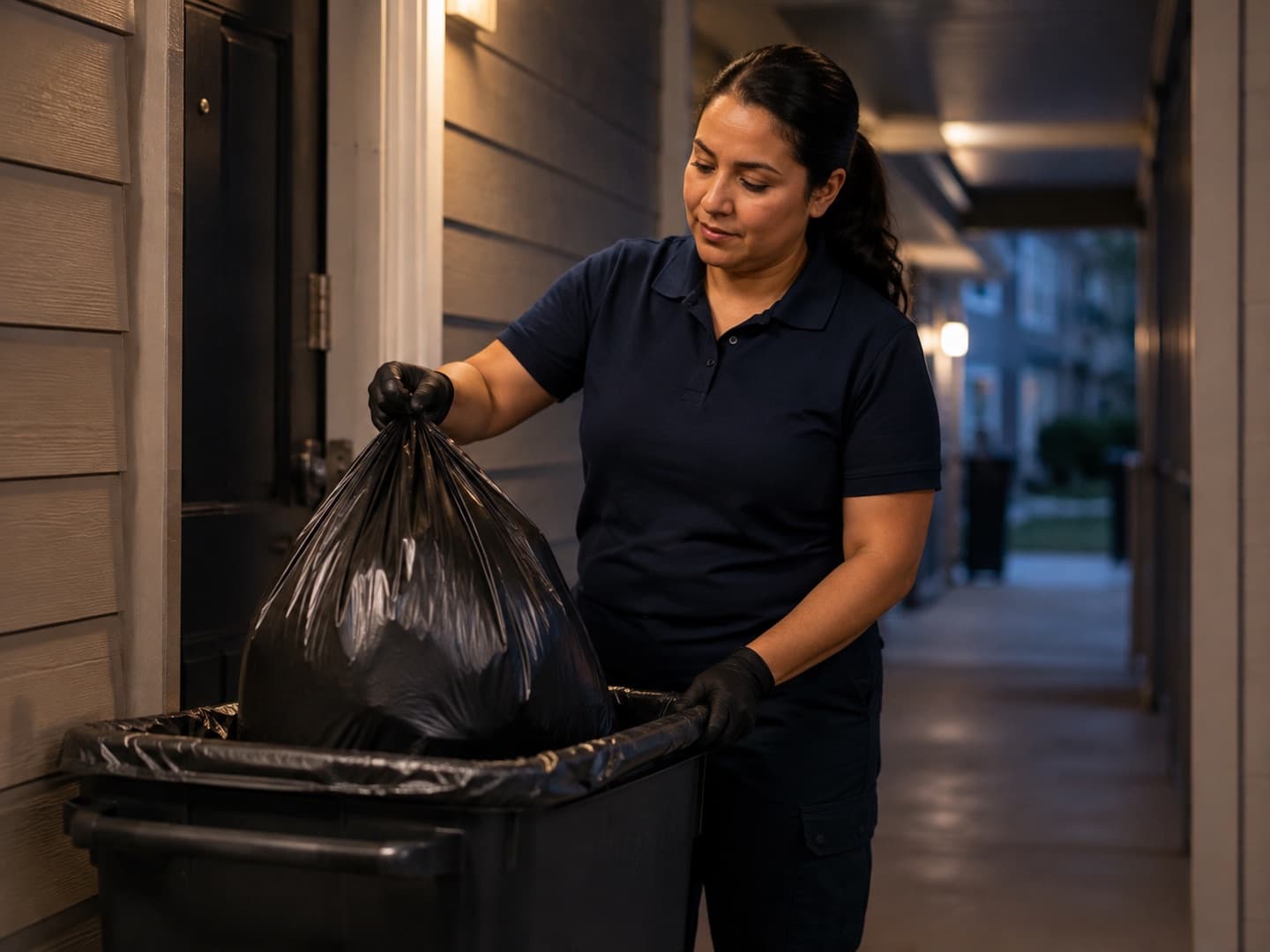Tied household trash bags set out at an apartment doorstep for evening collection.