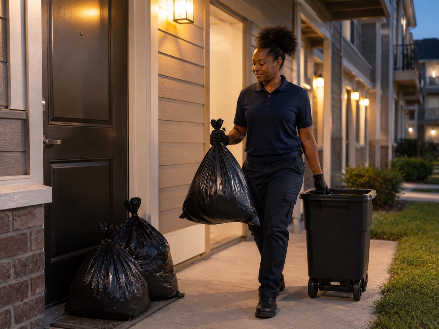 A Crecy team member collecting tied resident trash bags from an apartment doorstep during the evening service window.