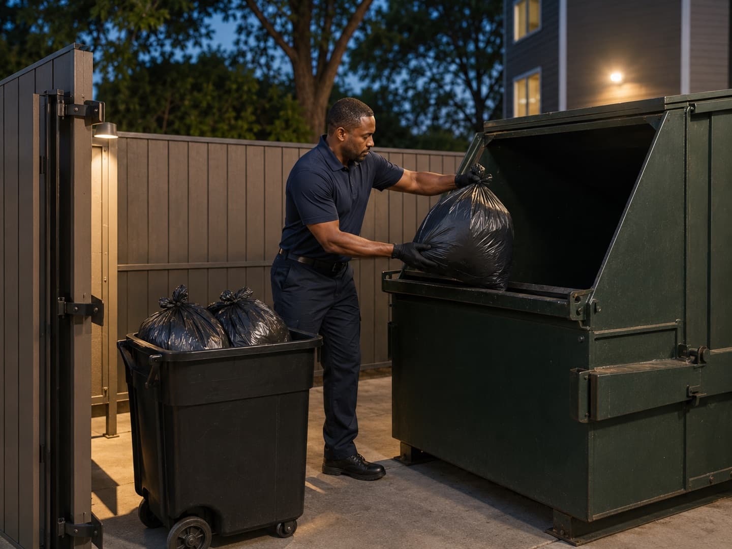 A Crecy team member transferring collected trash bags into the property’s dumpster enclosure.
