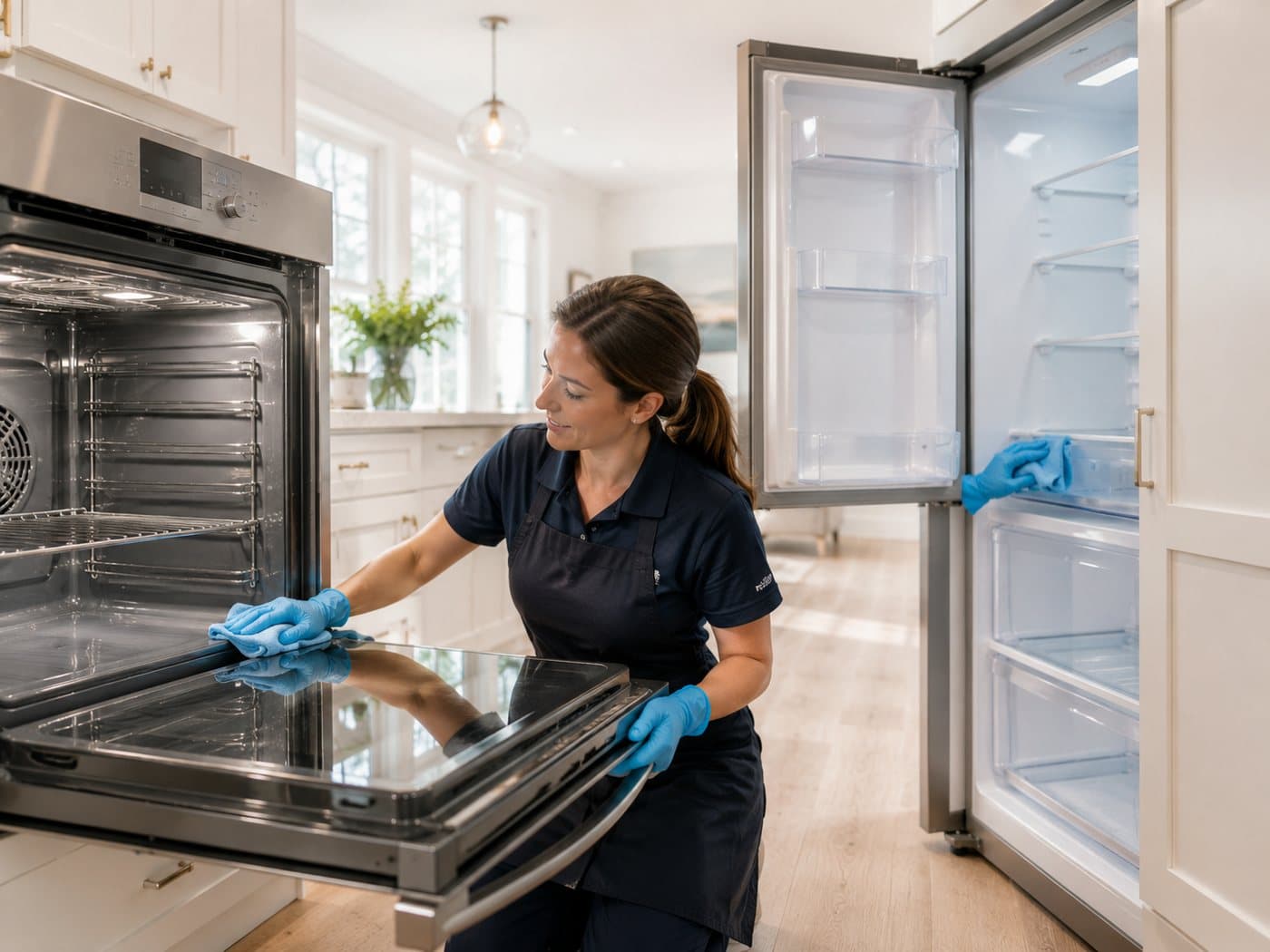 A cleaner cleaning the inside of an oven and refrigerator