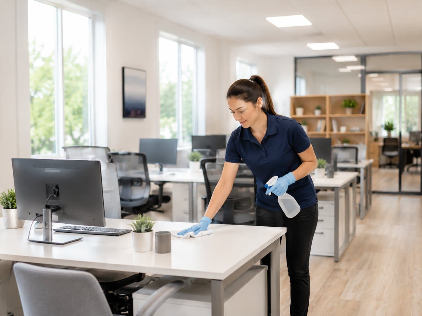 A cleaner wiping a desk in an open-plan office