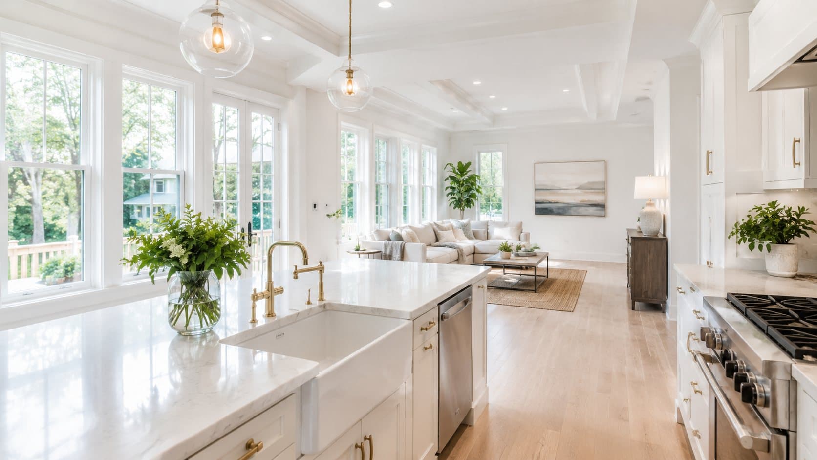 A bright, freshly cleaned open-plan kitchen and living room
