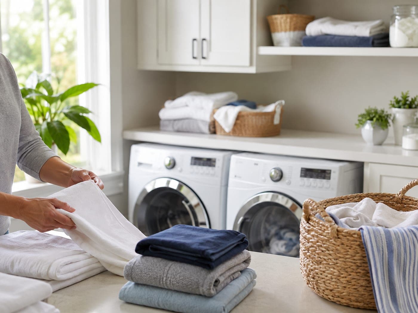 Folded towels and linens stacked beside a washer and dryer in a bright laundry room