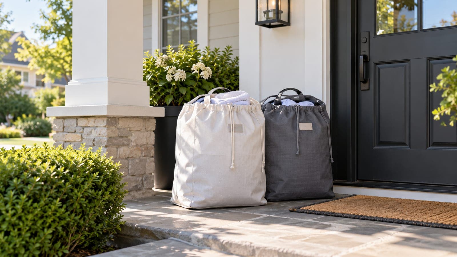 Two laundry bags waiting on a front porch for a scheduled laundry pickup